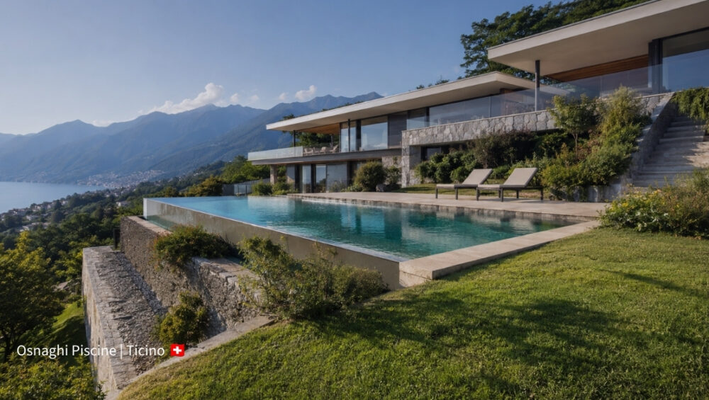 Piscina su terreno in pendenza in Ticino