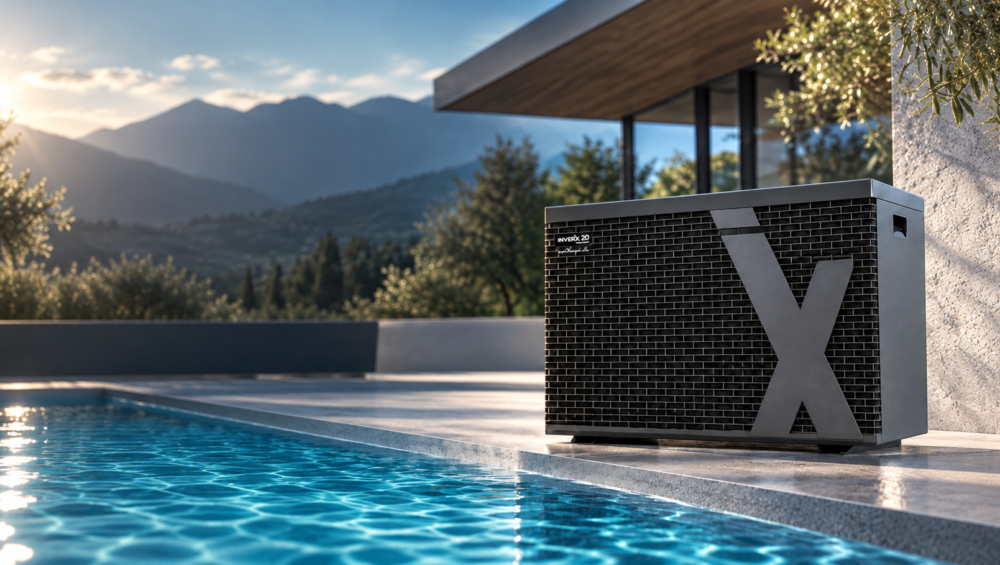Pompa di calore Full Inverter installata accanto a una piscina